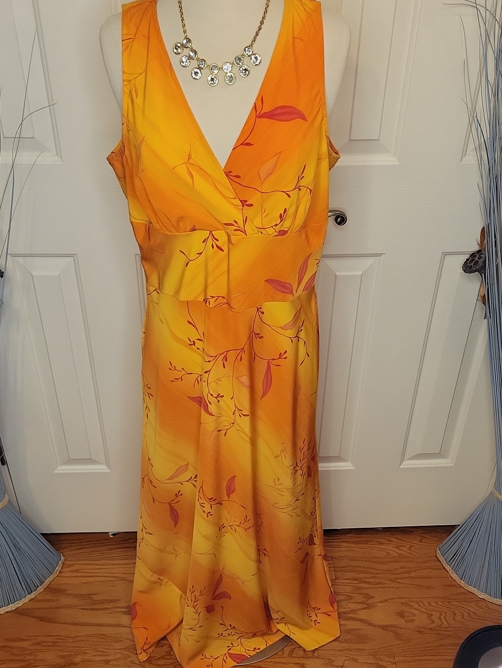 Paradox Yellow and Orange Floral Sleeveless V-Neck Maxi Dress
